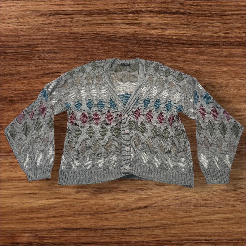 VTG Vancort XL Sweater Cardigan Gray Diamond Pattern Button‎ Front Knit Menswear